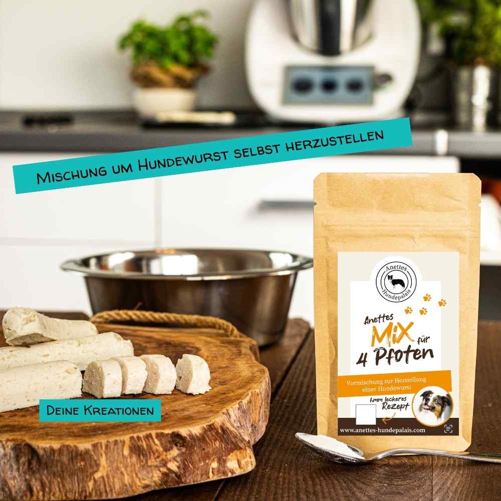 selbst gemachte Hundewurst mit einem Löffel und 12 gr. der Mischung