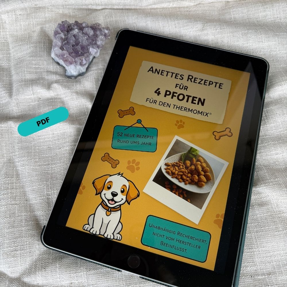 Coverbild von Anettes Rezepte für 4 Pfoten – Hundeleckerli-Rezepte für den Thermomix® mit Foto von Hundekeksen und Illustration eines Hundes. Ansicht auf dem Tablett