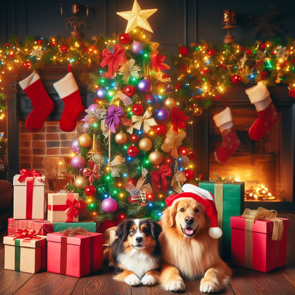 2 Hunde vor einem festlich geschmüchten Weihnachtsbaum